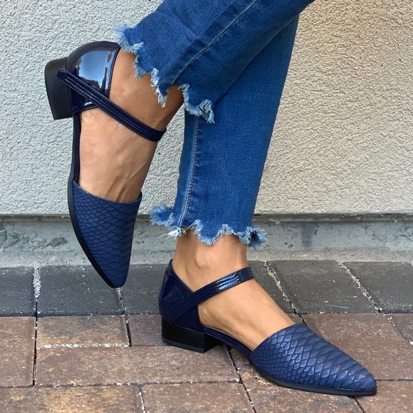 Navy Snake Embossed Pointy Toe Mary Jane Loafer - Picture 2 of 7